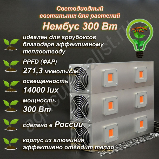 300Вт "Нембус" Светильник светодиодный полного спектра для гроубоксов и теплиц 300Вт, 40 см 300Вт "Нембус" Светильник светодиодный полного спектра для гроубоксов и теплиц 300Вт, 40 см